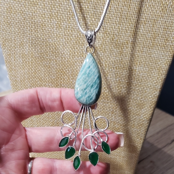 Amazonite necklace, 925 silver onyx amazonite pendant necklace - Picture 5 of 16